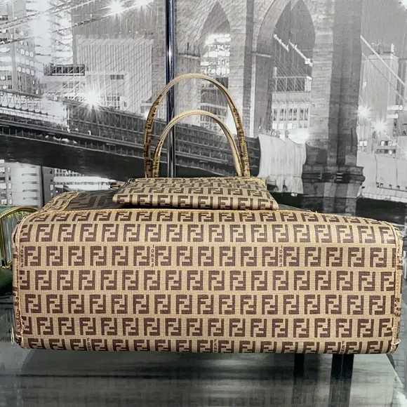 Authentic Rare FENDI Brown Monogram Tote with Matching Pouch - Picture 12 of 16